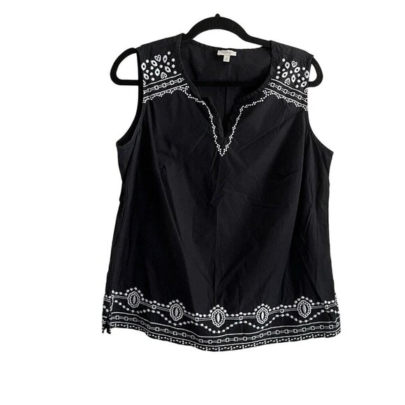 Talbots Woman SZ X Black W/White Embroidered Neck & Hem Sleeveless  V-Neck Top - Picture 1 of 6